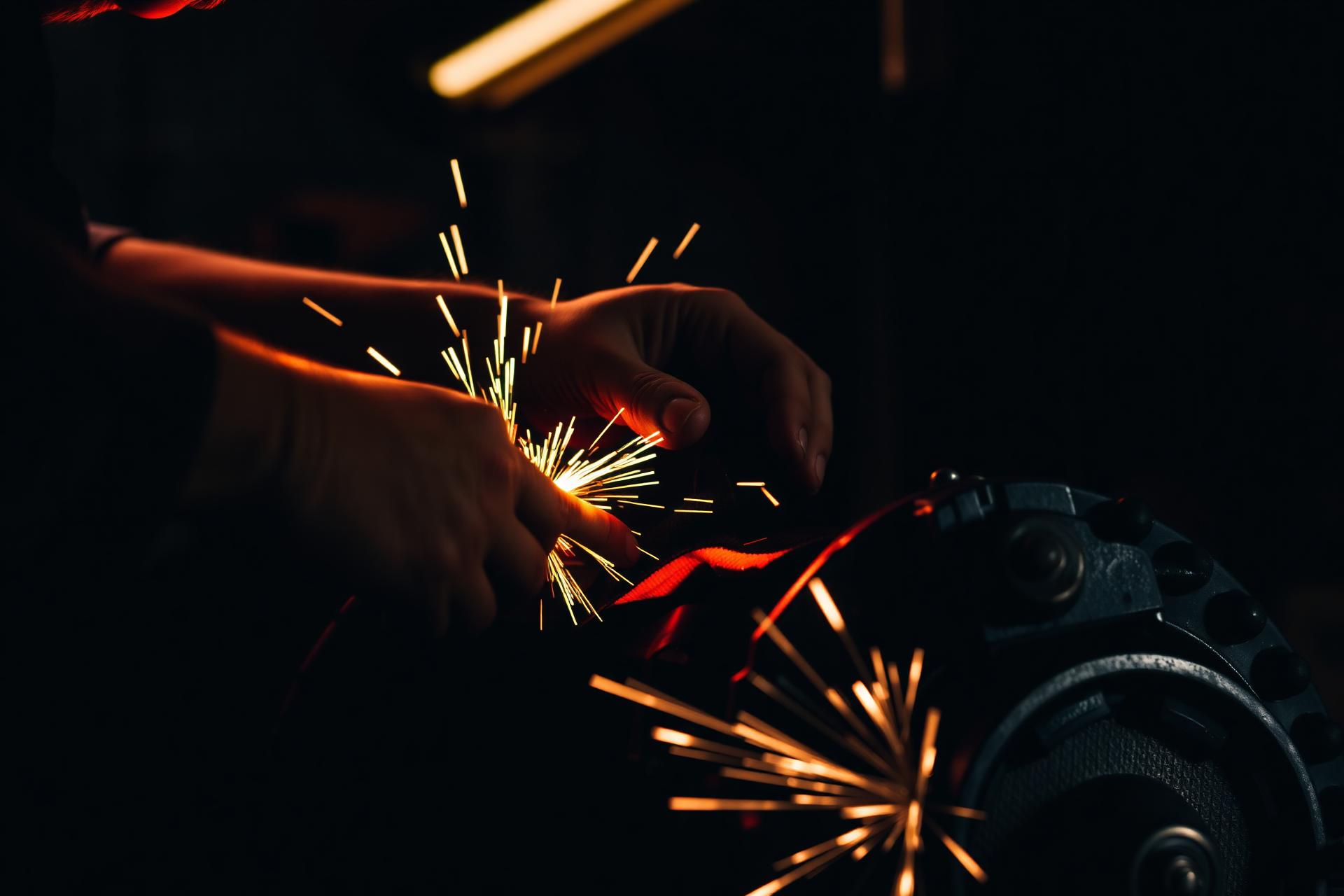 Mechanic working on transmission with sparks
